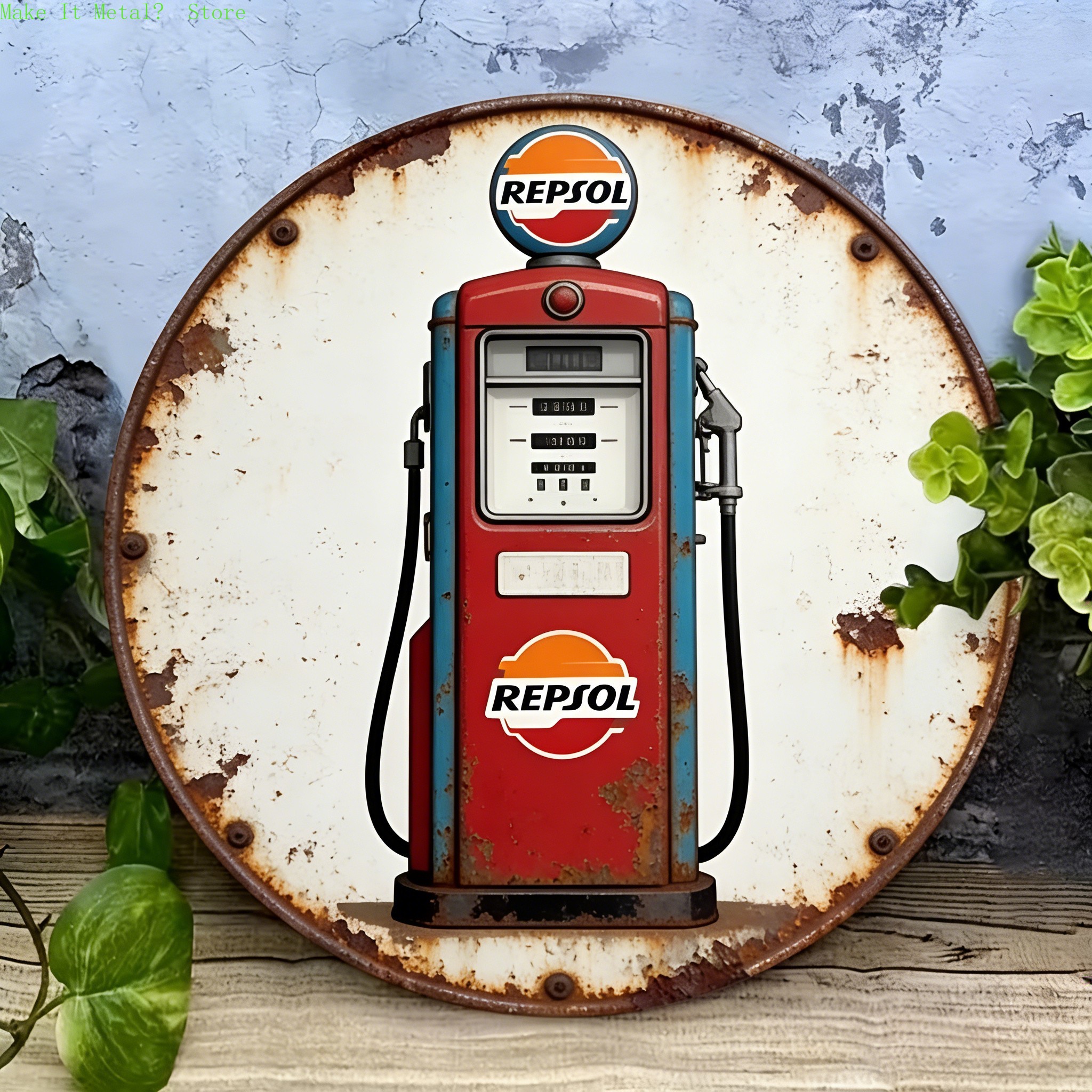 Wine Tag Label - Vintage Repsol Gas Pump Metal Tin